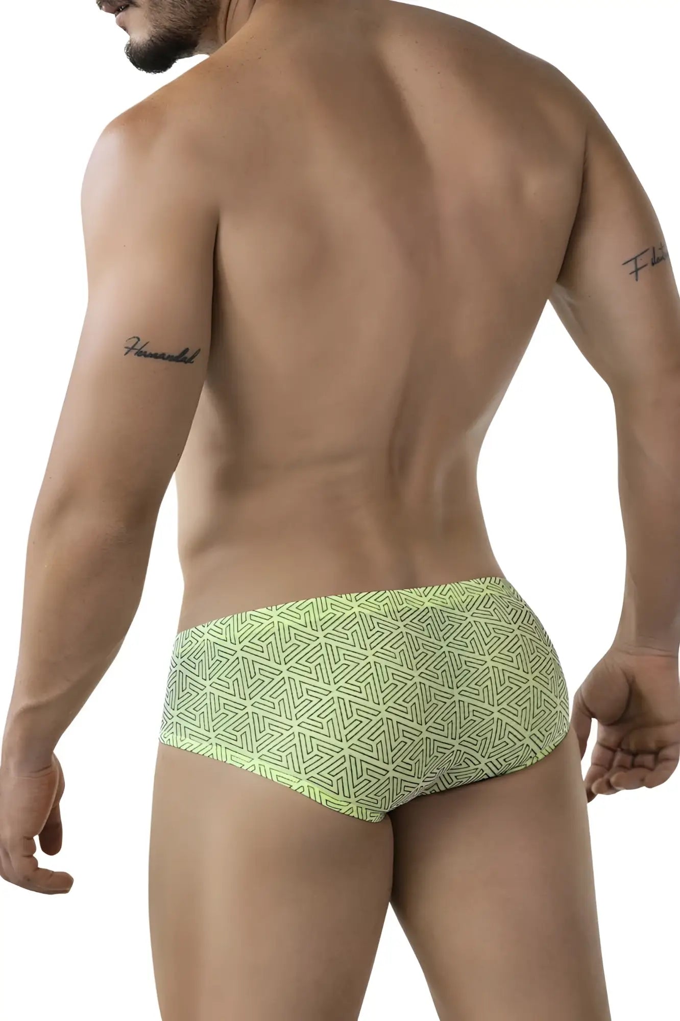 Lime green clever 2017 neon briefs with darker green geometric pattern comfortable lightweight fabric