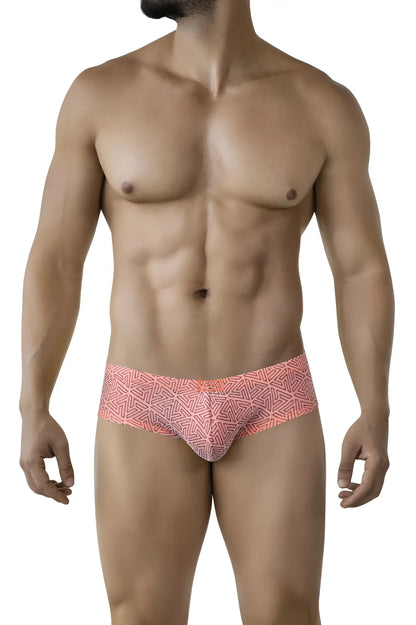 Coral-colored clever 2017 neon briefs with geometric pattern in orange for a vibrant stylish look
