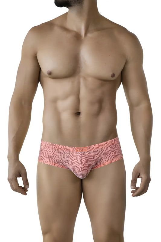 Coral-colored clever 2017 neon briefs with geometric pattern in orange for a vibrant stylish look