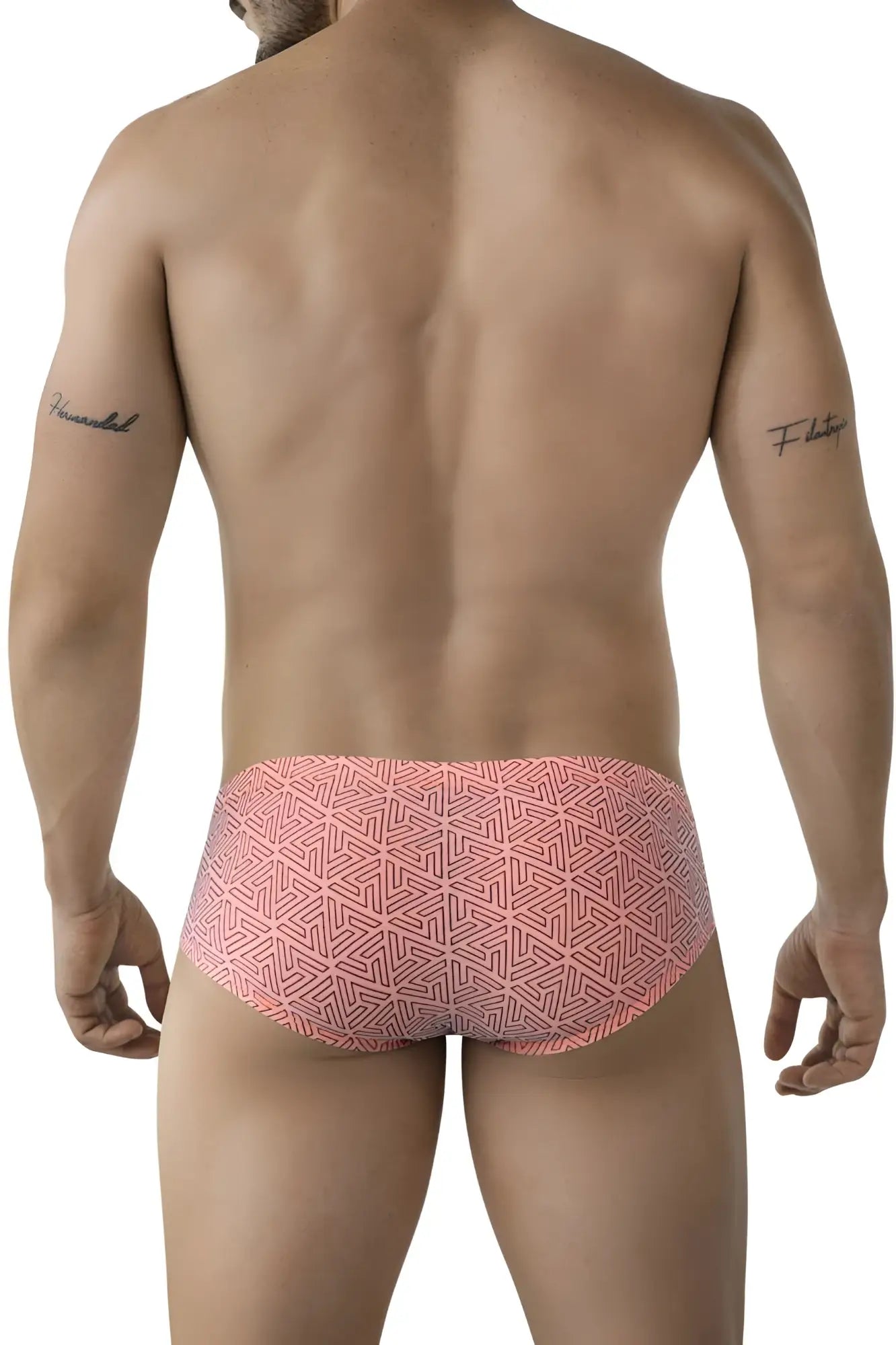 Pink patterned swim trunks with a geometric design from clever 2017 neon briefs color orange collection