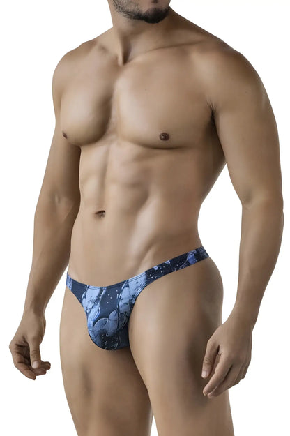 Blue patterned men’s thong with cosmic design from clever 2020 galia thongs in dark blue