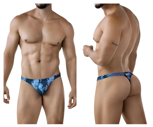 Blue patterned clever 2020 galia men’s thong with a floral design in dark blue showing the front side