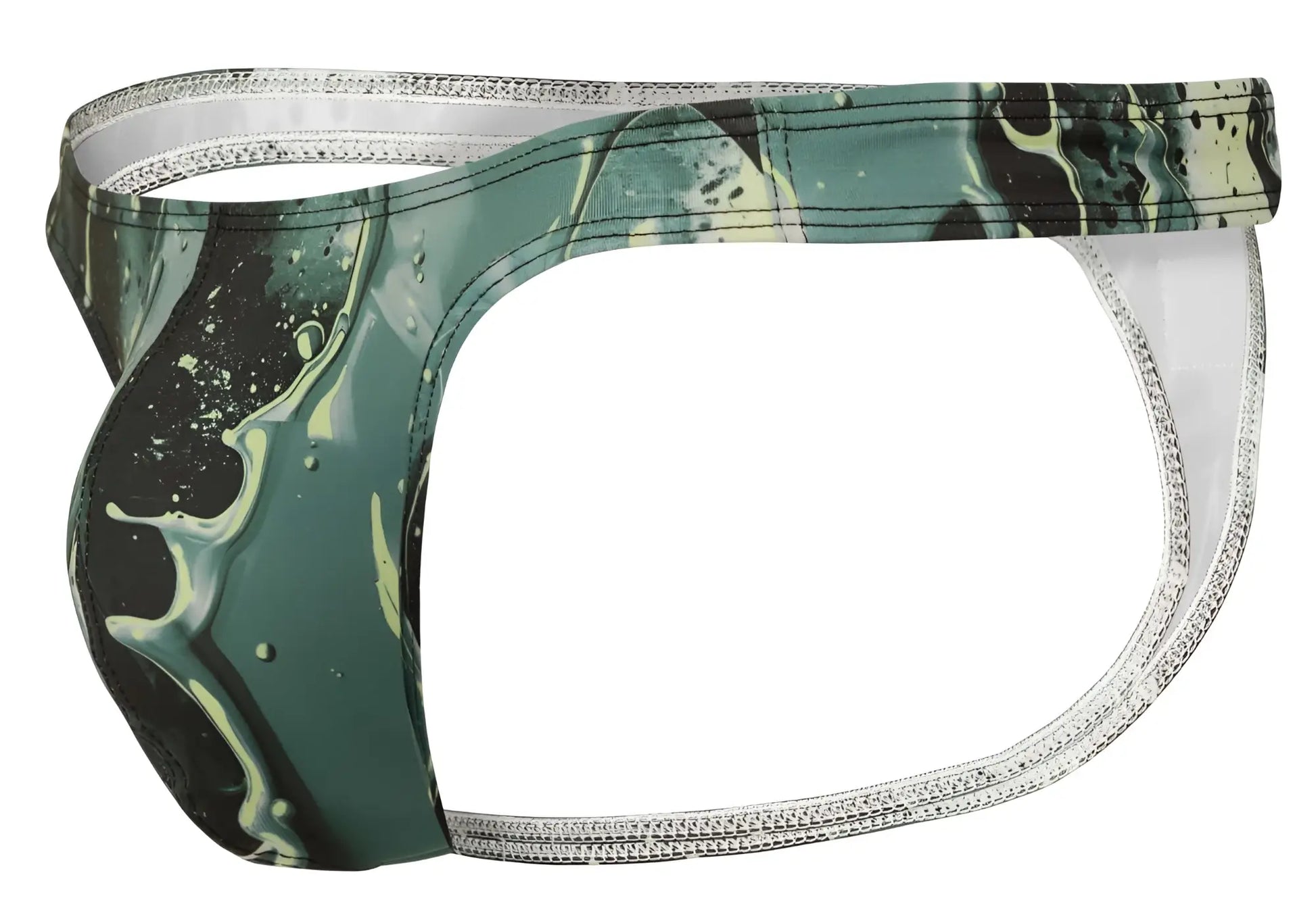 Men’s briefs in green and black marbled pattern with silver zipper trim from clever 2020 galia collection