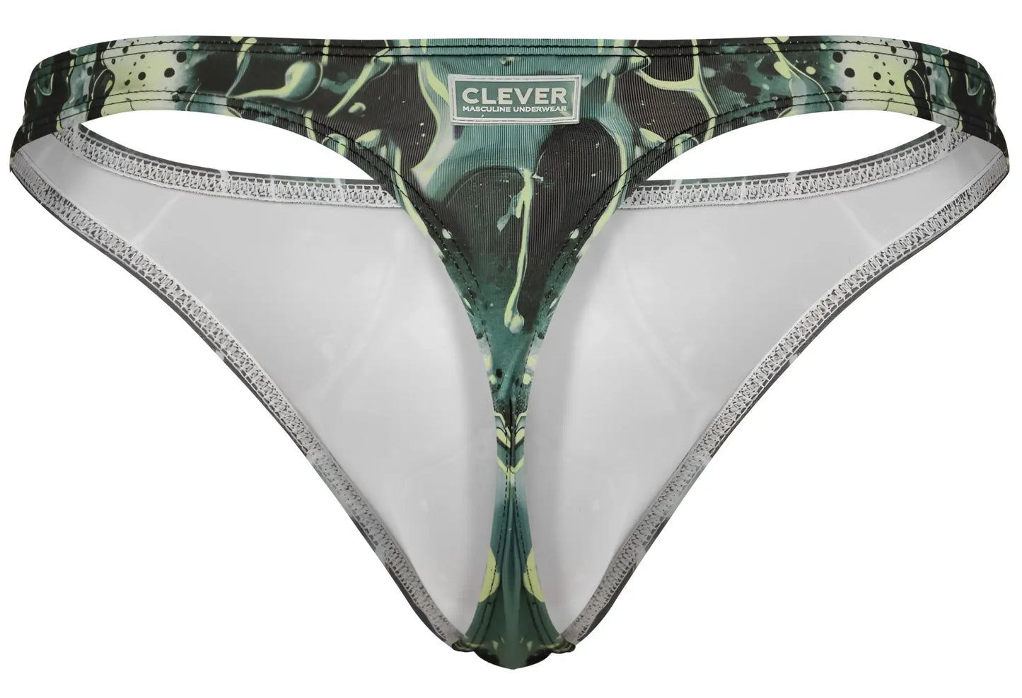 Green and black splatter patterned clever 2020 Galia thong with white interior lining showing front side
