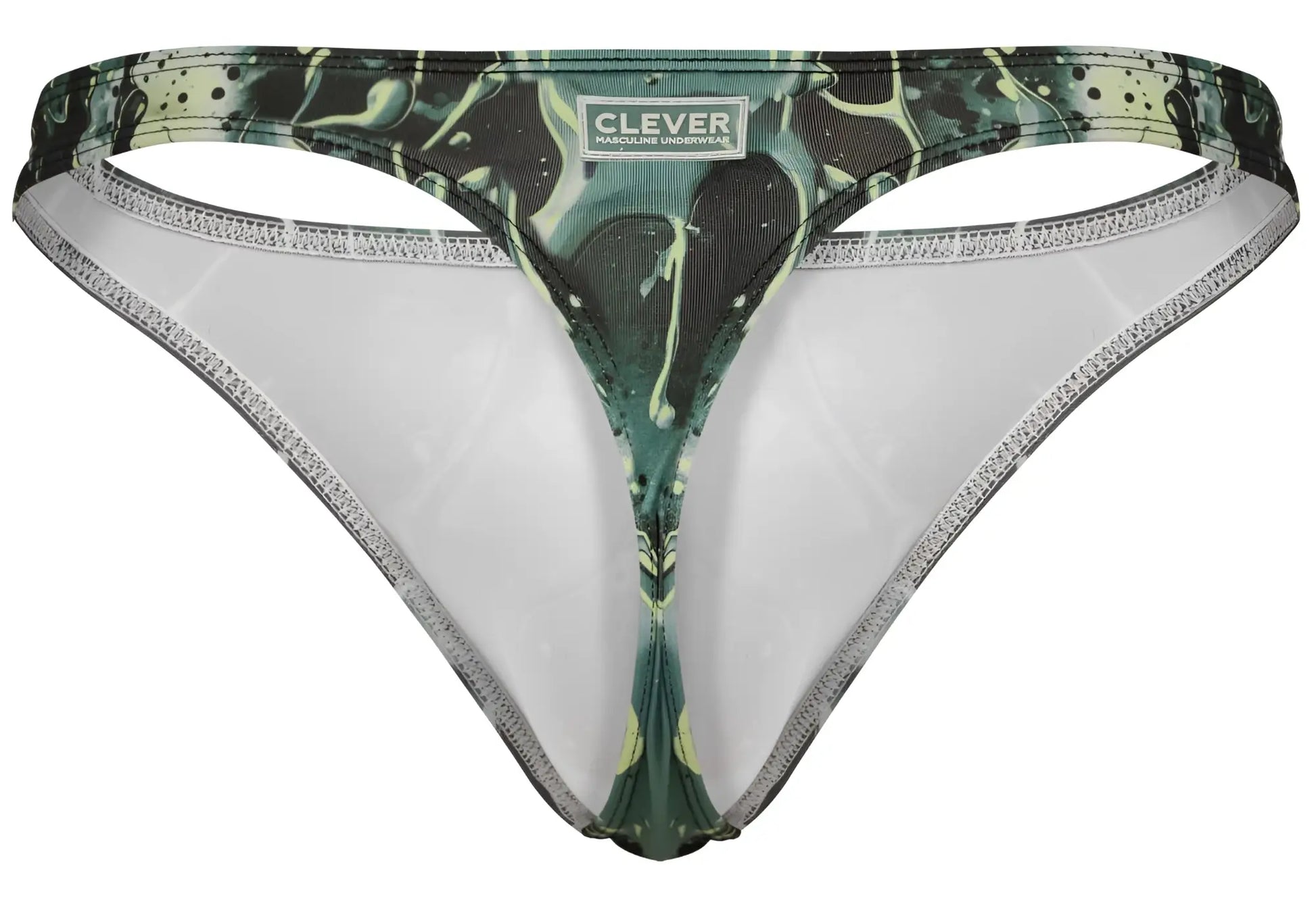 Green and black splatter patterned clever 2020 Galia thong with white interior lining showing front side