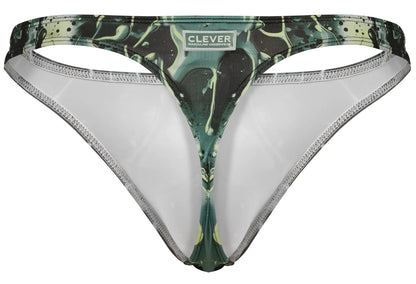 Green and black splatter patterned clever 2020 Galia thong with white interior lining showing front side