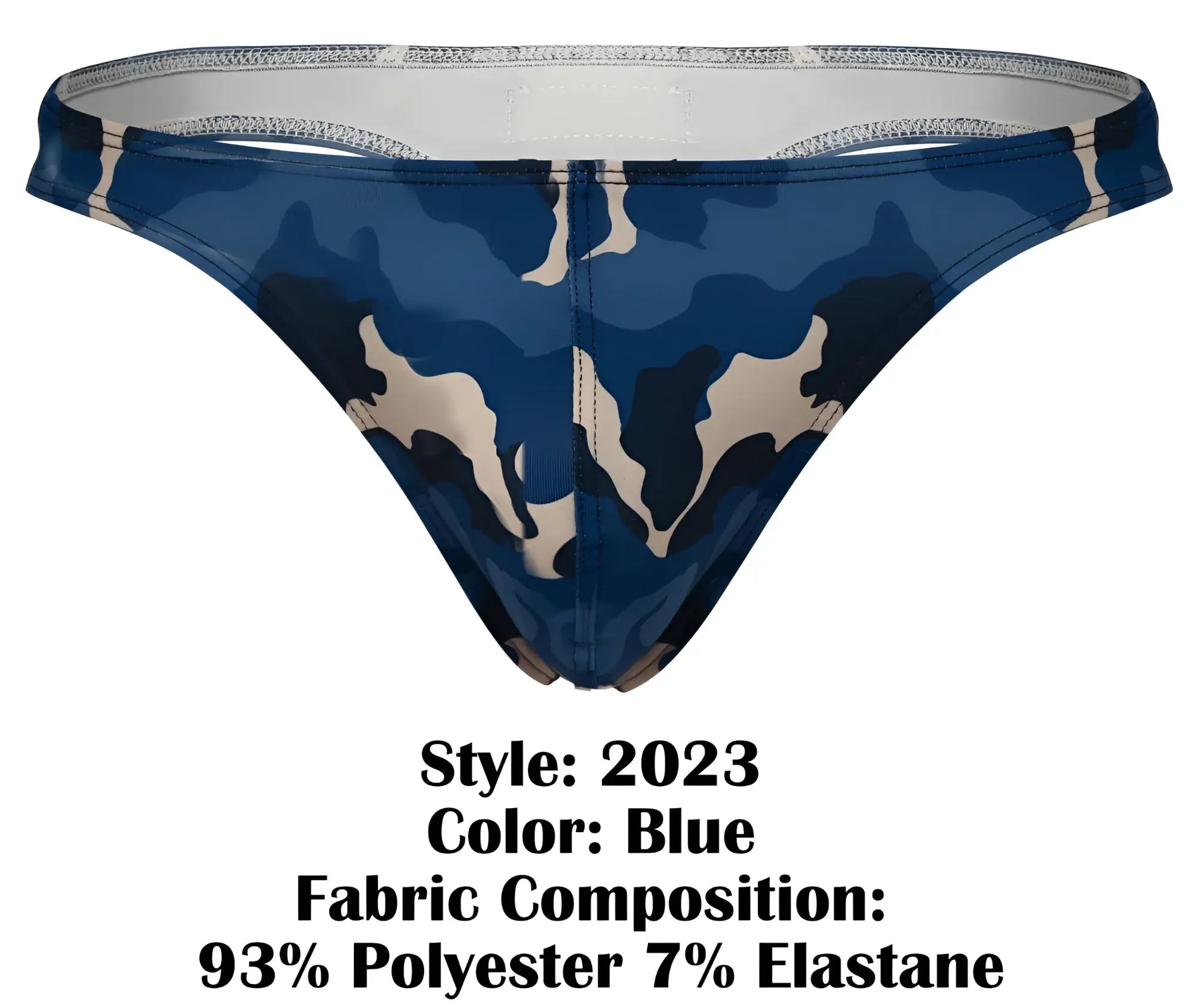 Blue camouflage-patterned clever 2023 almeria thong made of 93% polyester and 7% elastane front view