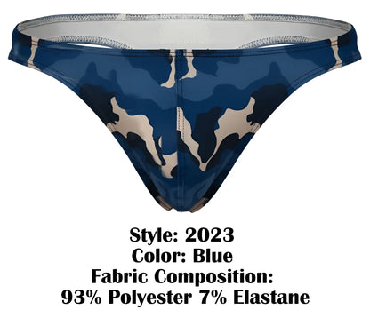 Blue camouflage-patterned clever 2023 almeria thong made of 93% polyester and 7% elastane front view