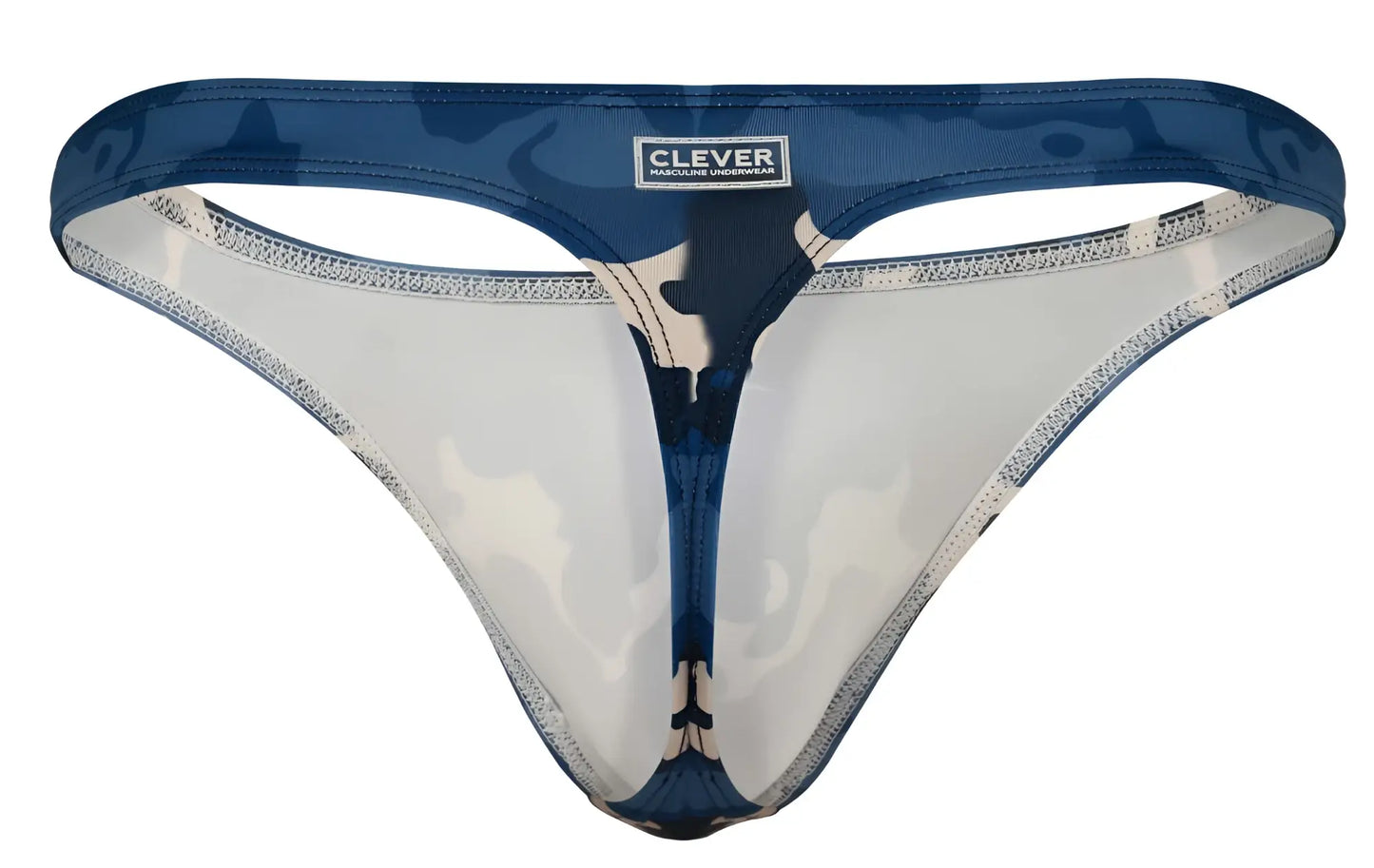 Blue camouflage-patterned Clever 2023 Almeria thong with transparent panels and branded label front view