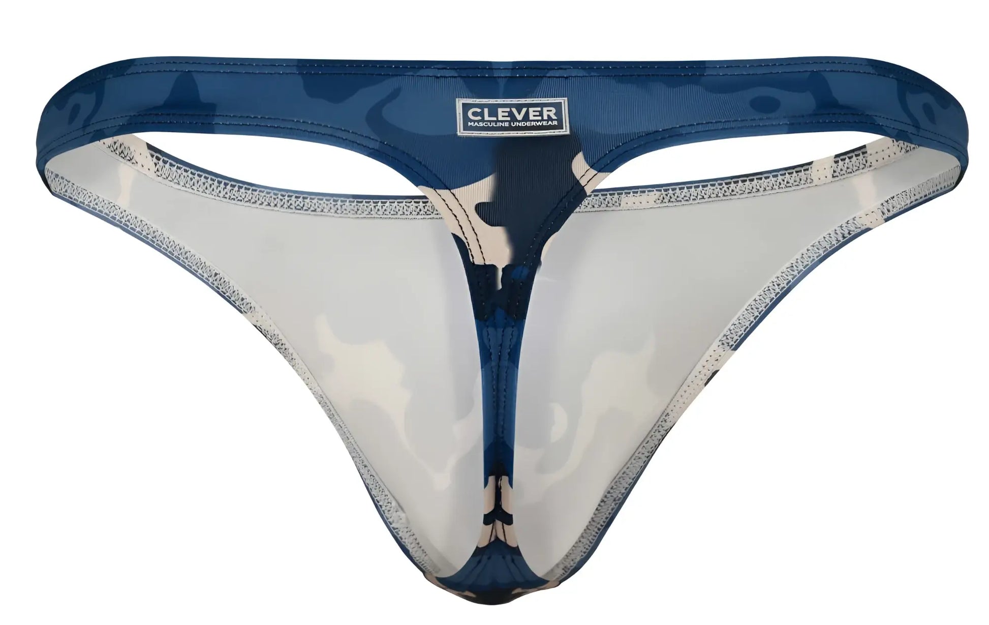 Blue camouflage-patterned Clever 2023 Almeria thong with transparent panels and branded label front view