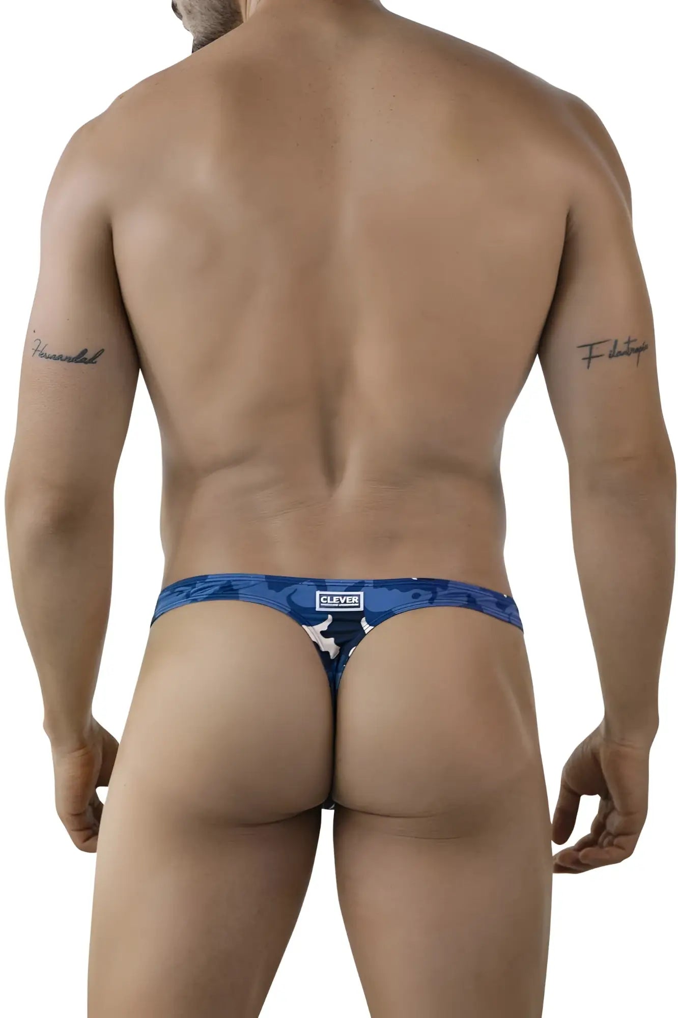Back view of clever 2023 almeria thongs in blue with blue camouflage pattern and white logo patch