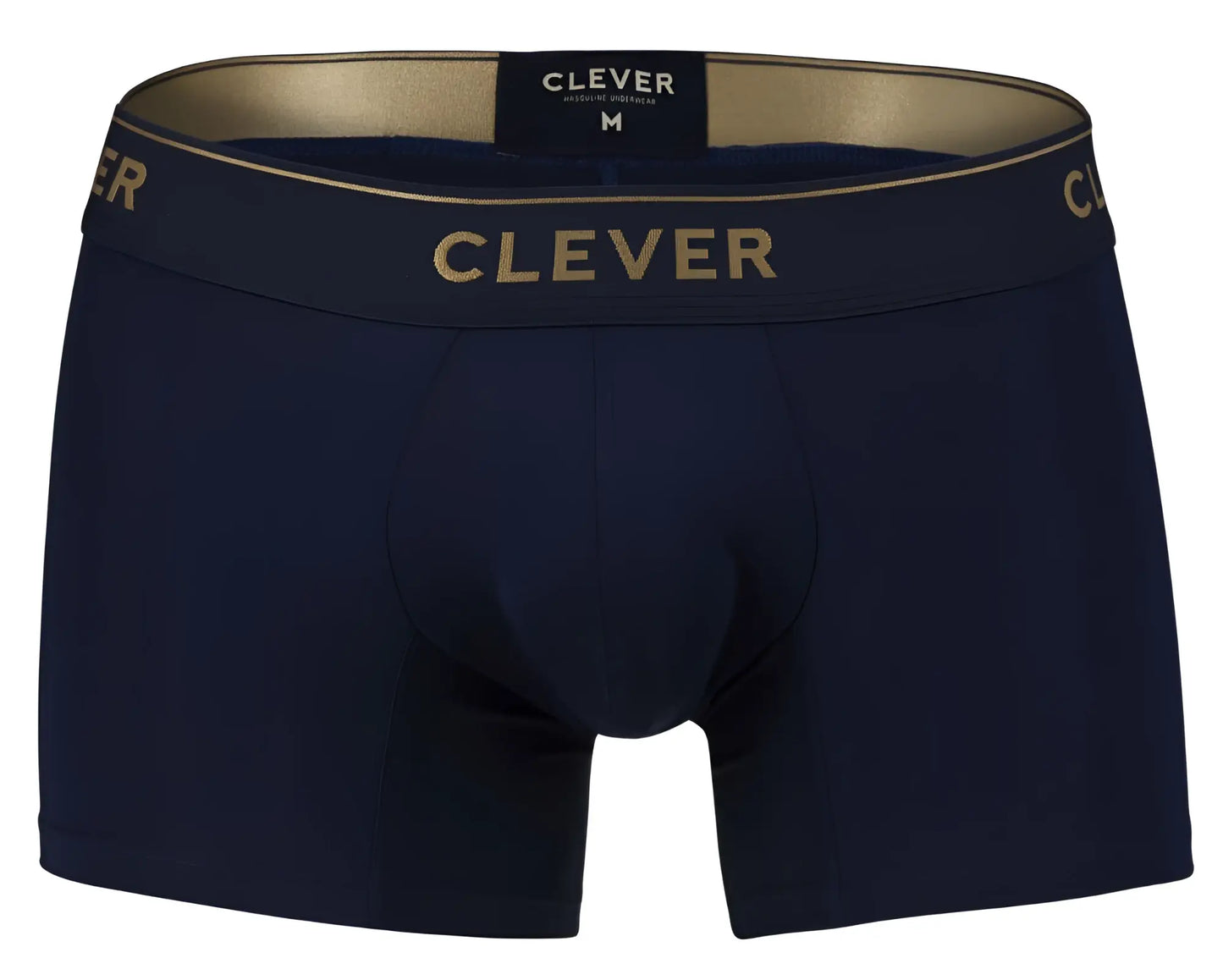 Navy blue Clever 2026 Valladolid trunks with gold Clever waistband branding designed for comfortable support