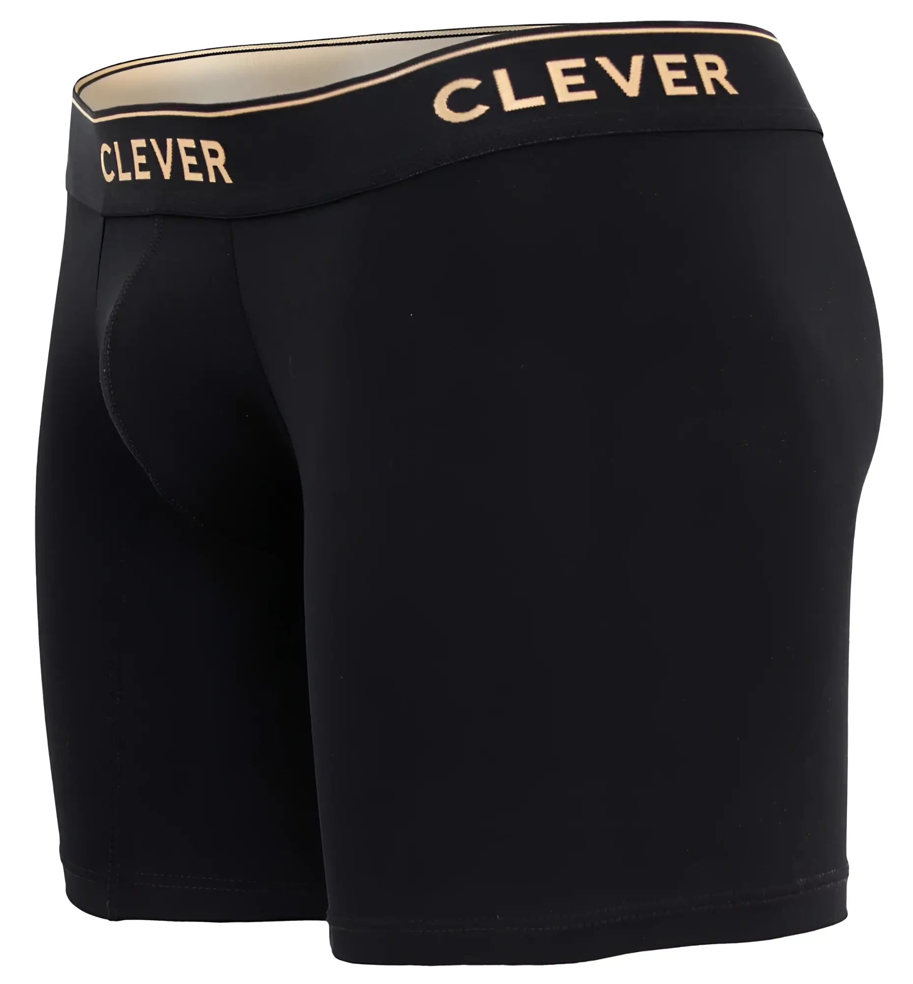 Black men’s Clever 2027 Valladolid boxer briefs in black with gold logo waistband designed for comfort and style