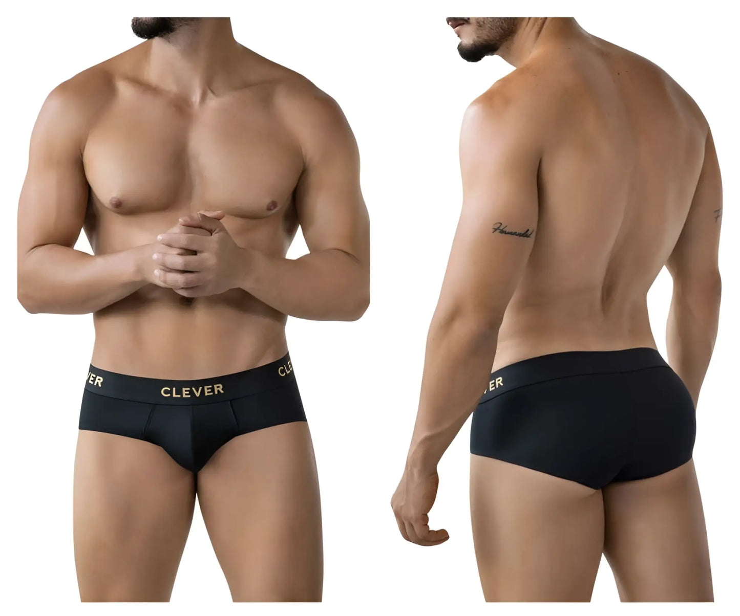 Black men’s Clever 2028 Valladolid briefs in black with a gold logo on the waistband made from soft fabric