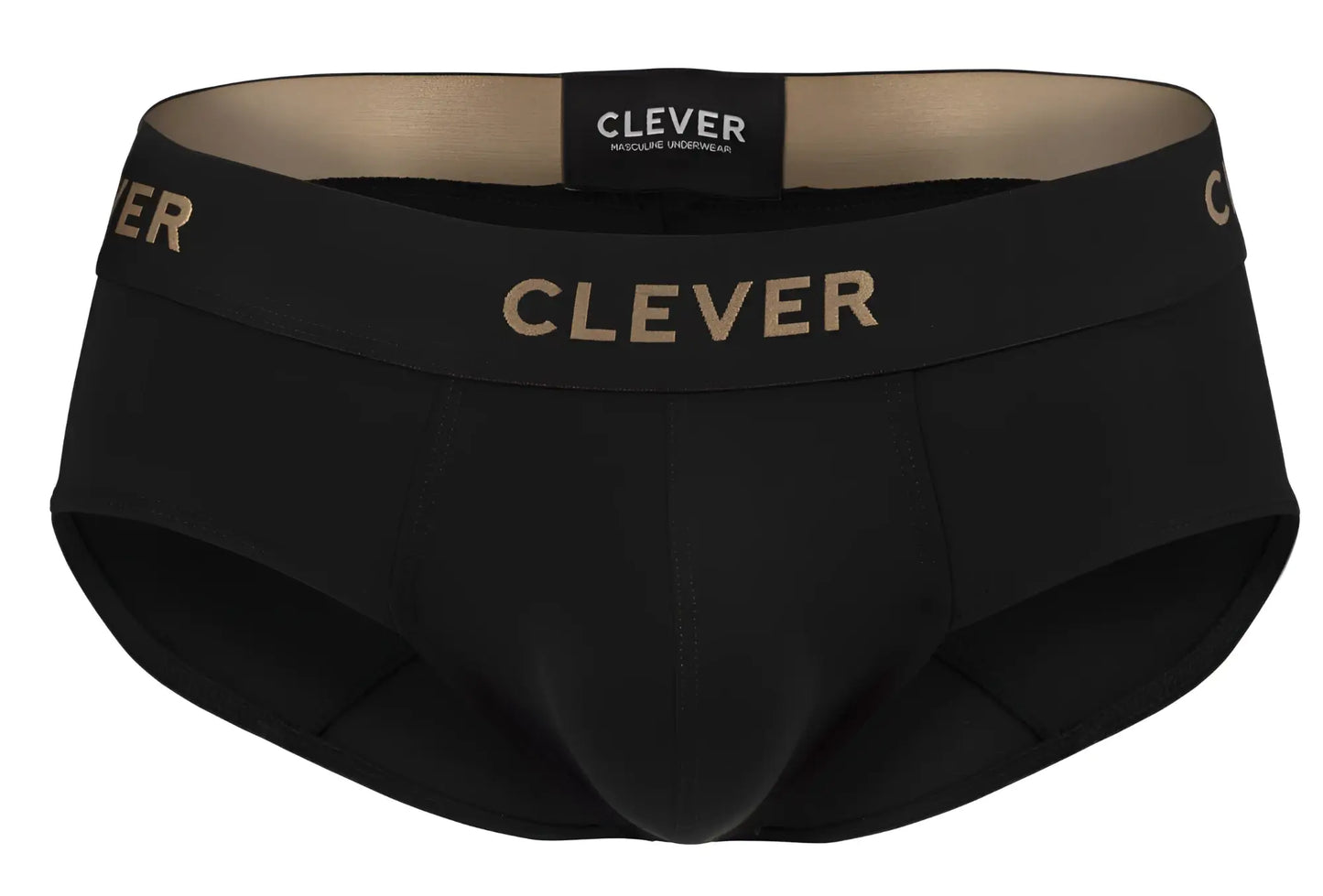 Black clever 2028 valladolid briefs with gold branding on waistband and matching label in front view