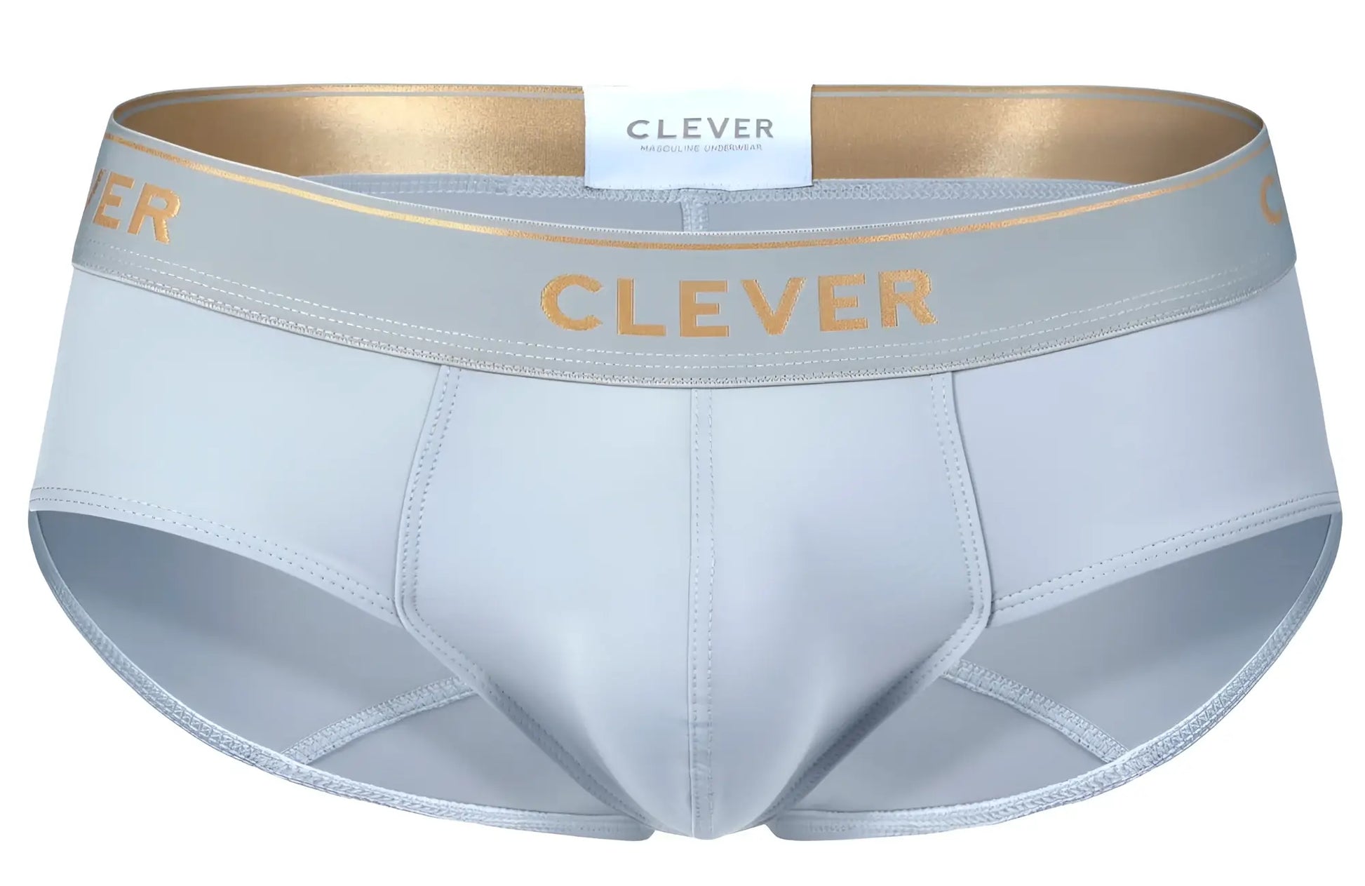 Light gray clever 2028 valladolid men’s briefs with gold-trimmed waistband and clever logo in gold lettering