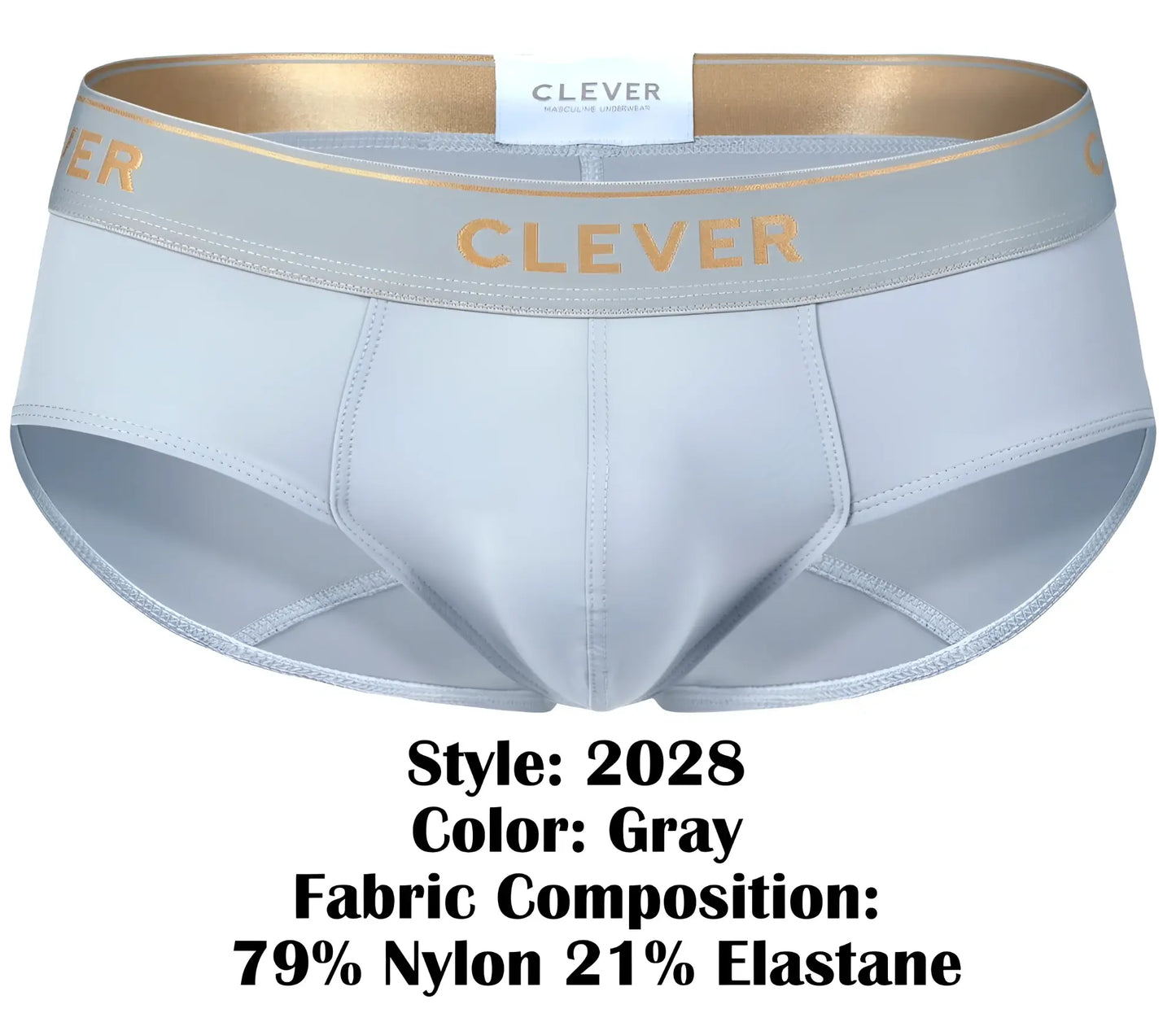 Gray clever men’s briefs with gold-trimmed waistband and gold embroidered brand name clever 2028 valladolid briefs