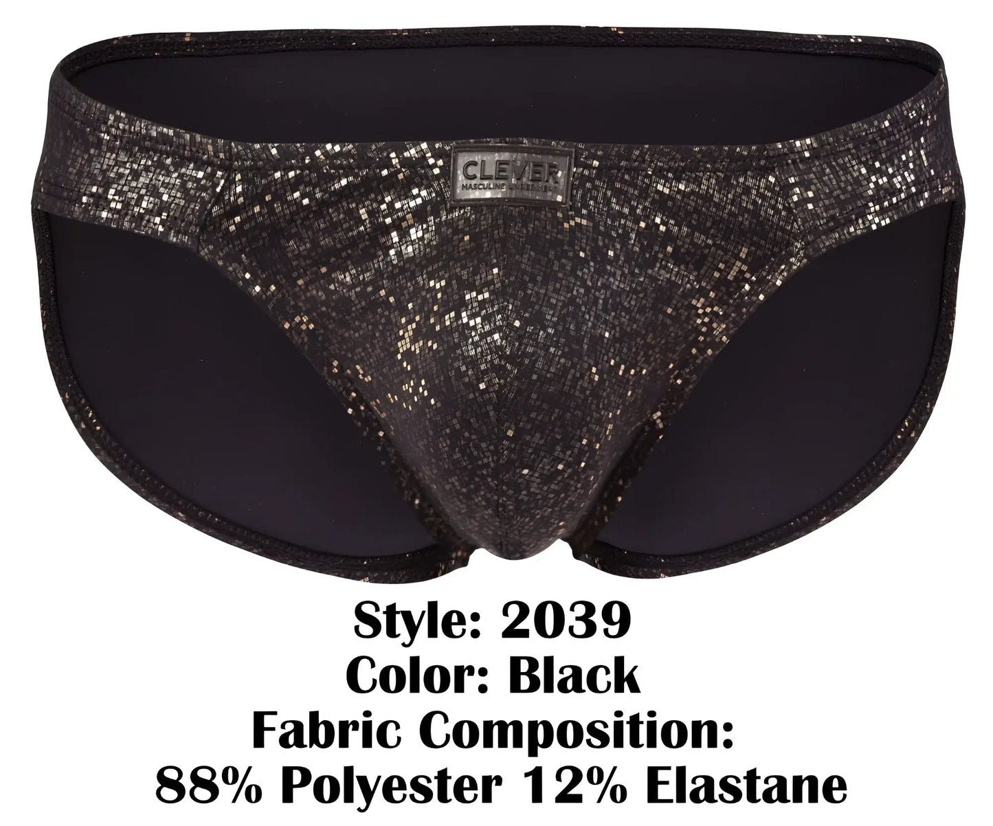 Black glittery clever 2039 galaxy briefs with sleek shiny texture and subtle shimmering pattern in front view