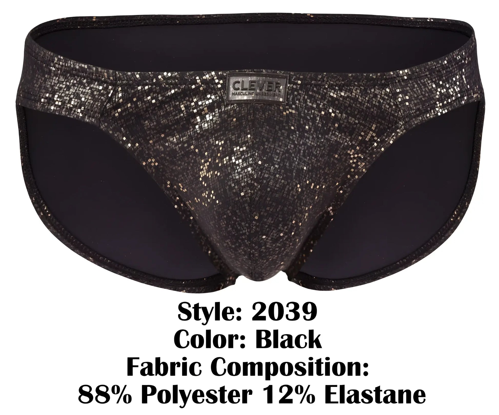 Black glittery clever 2039 galaxy briefs with sleek shiny texture and subtle shimmering pattern in front view