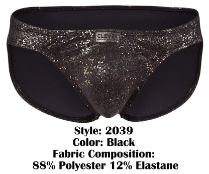 Black glittery clever 2039 galaxy briefs with sleek shiny texture and subtle shimmering pattern in front view