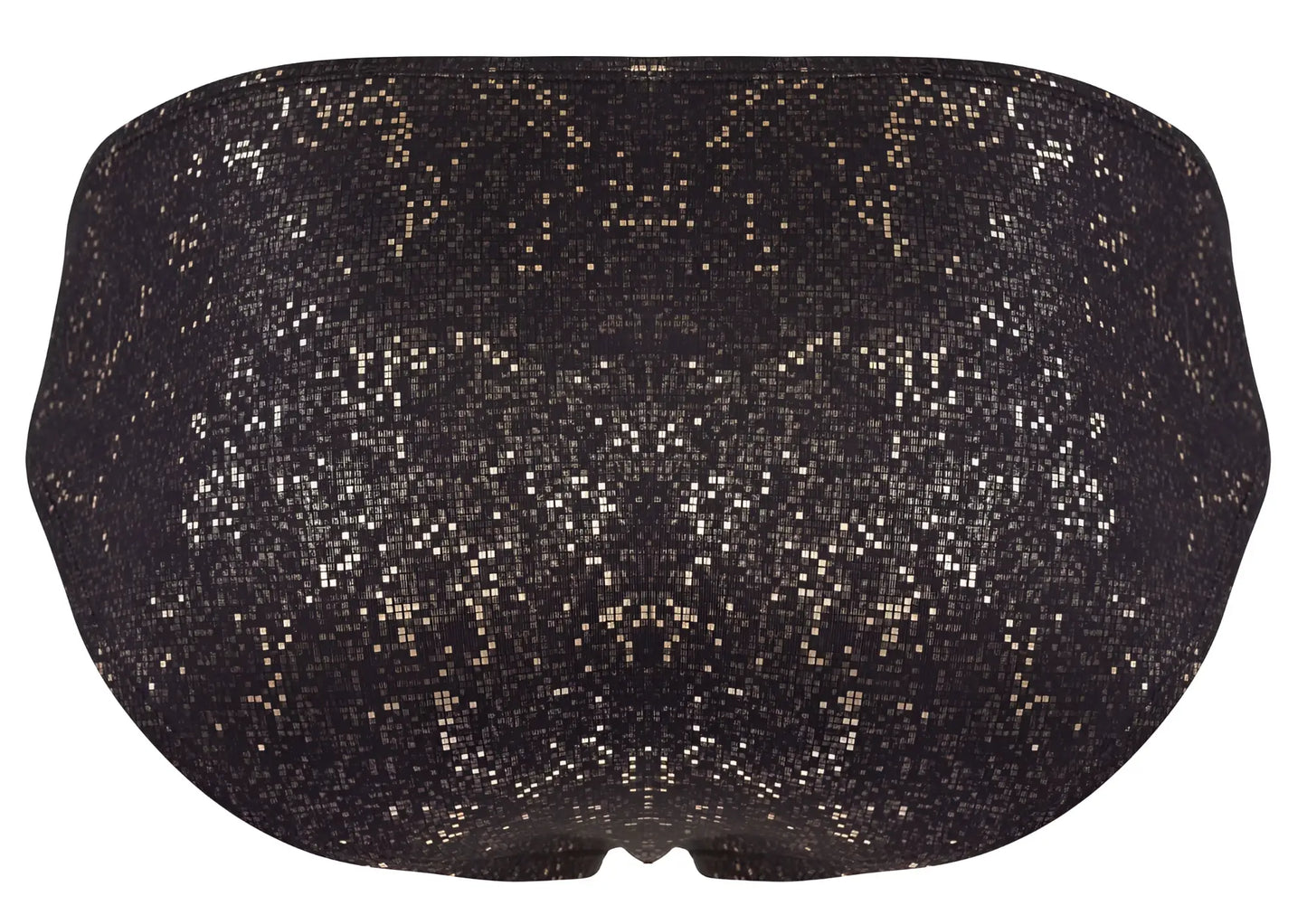 Black clever 2039 galaxy briefs bikini bottom with shimmering silver and gold sequined pixelated pattern