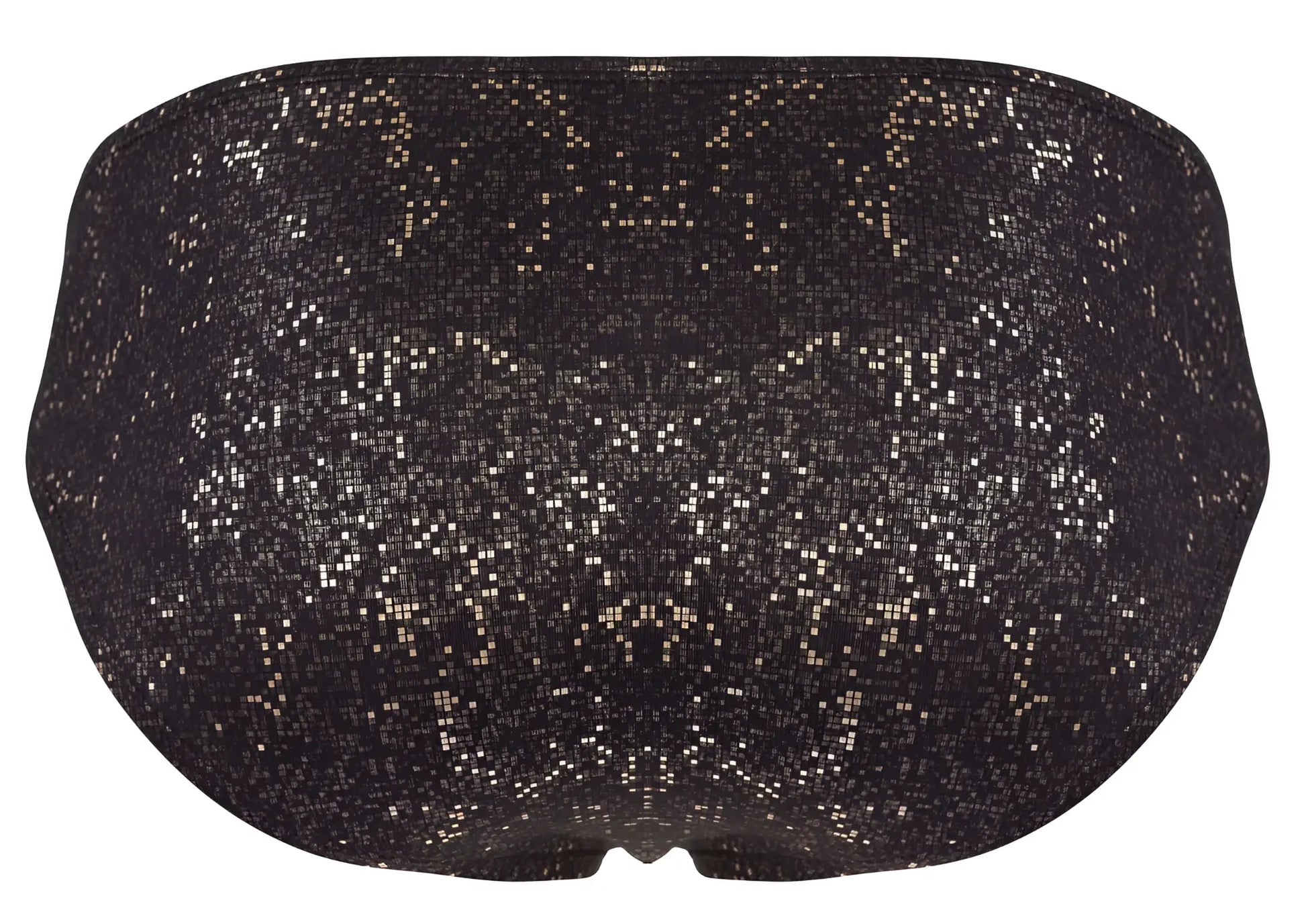 Black clever 2039 galaxy briefs bikini bottom with shimmering silver and gold sequined pixelated pattern