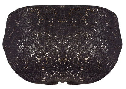 Black clever 2039 galaxy briefs bikini bottom with shimmering silver and gold sequined pixelated pattern
