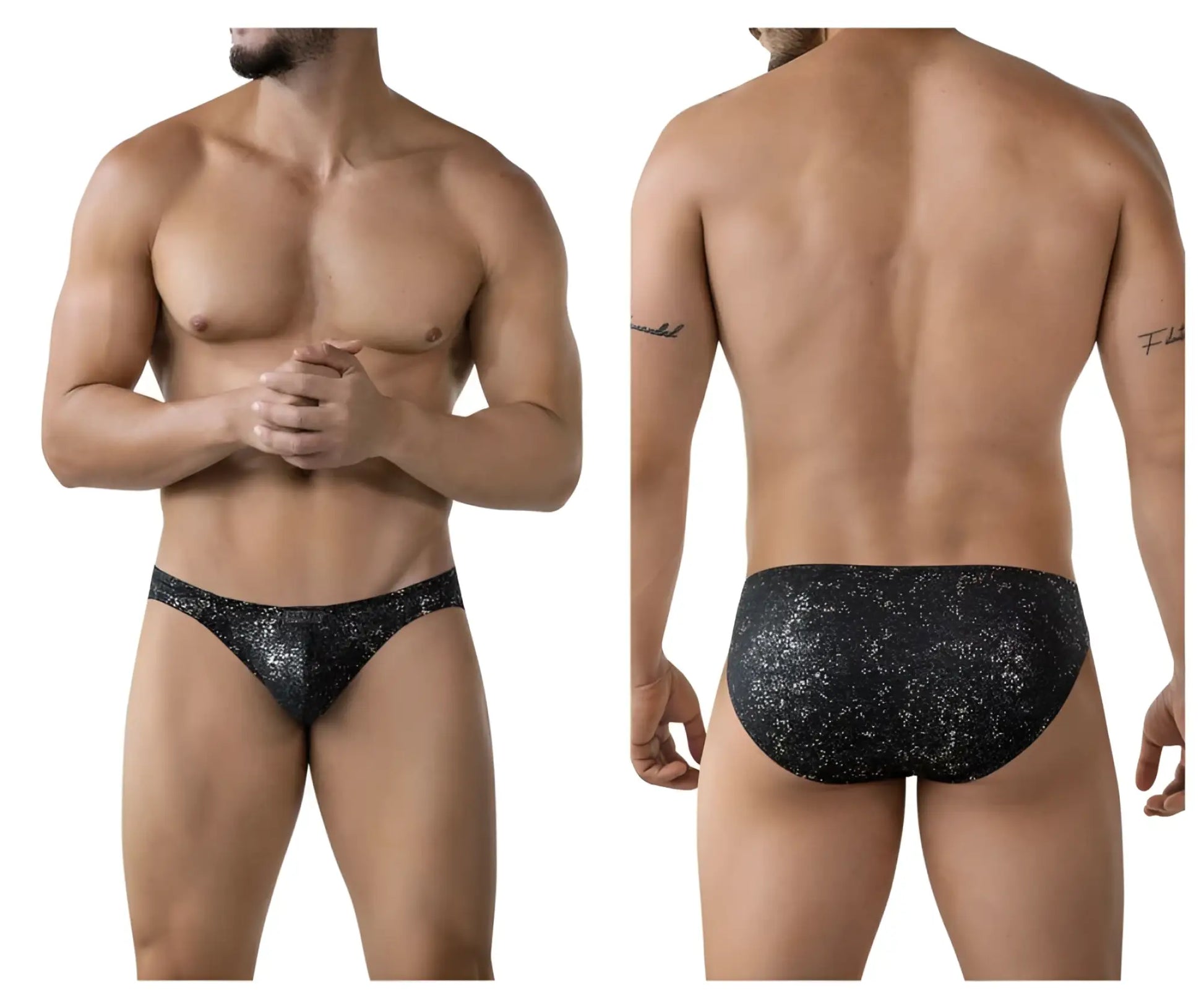 Black clever 2039 galaxy briefs with sparkling sequined glittery texture showcasing front view design