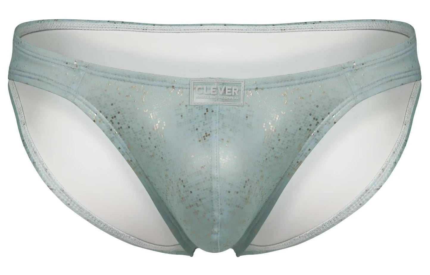 Light blue glittery mesh briefs with white inner lining and clever brand label from clever 2039 galaxy briefs color blue