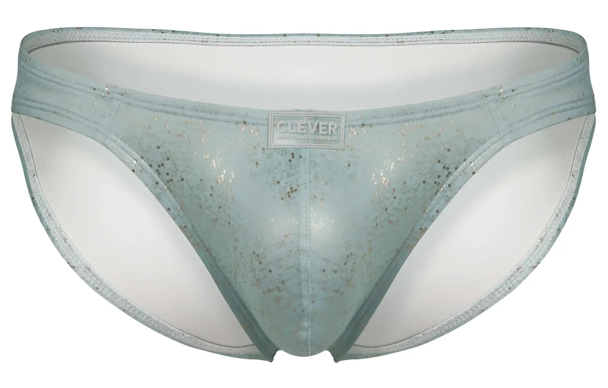 Light blue glittery mesh briefs with white inner lining and clever brand label from clever 2039 galaxy briefs color blue
