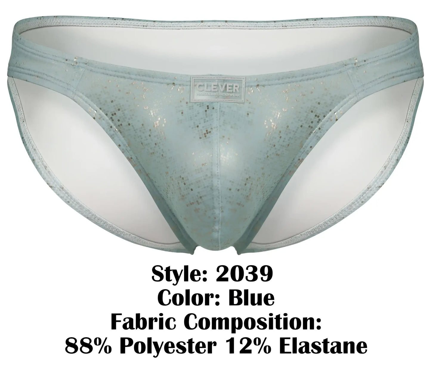 Light blue clever 2039 galaxy briefs made of sheer lace with a subtle glittery pattern and a branded label