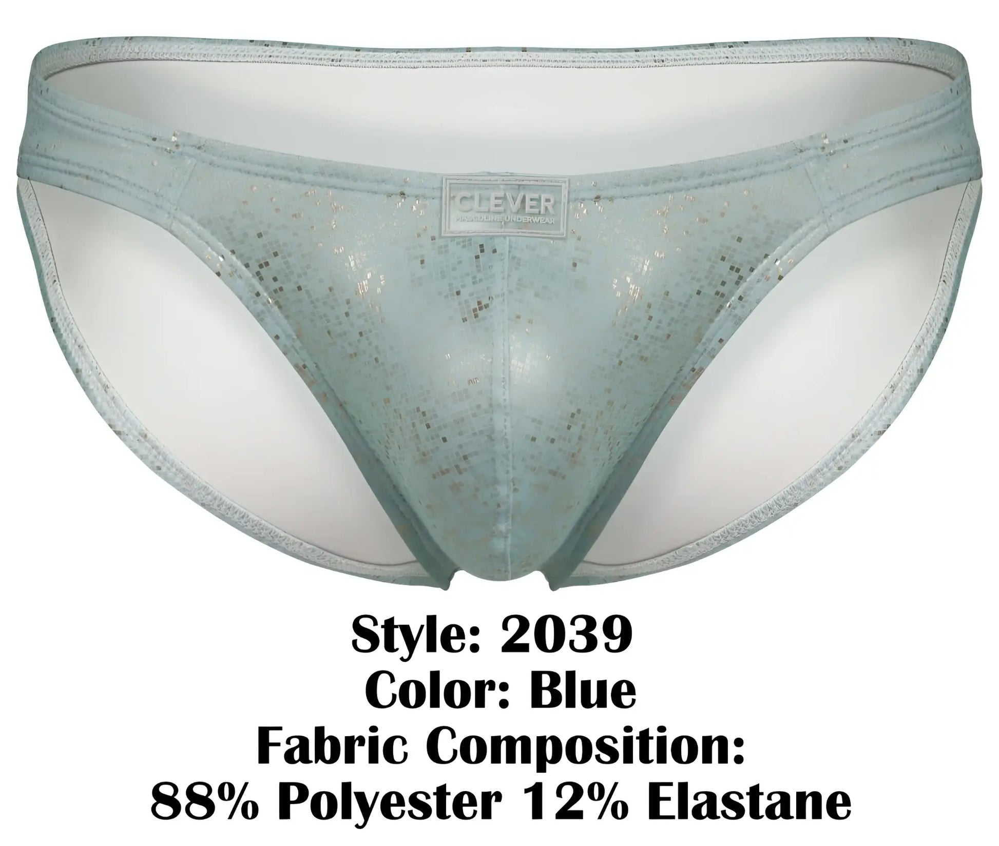 Light blue clever 2039 galaxy briefs made of sheer lace with a subtle glittery pattern and a branded label