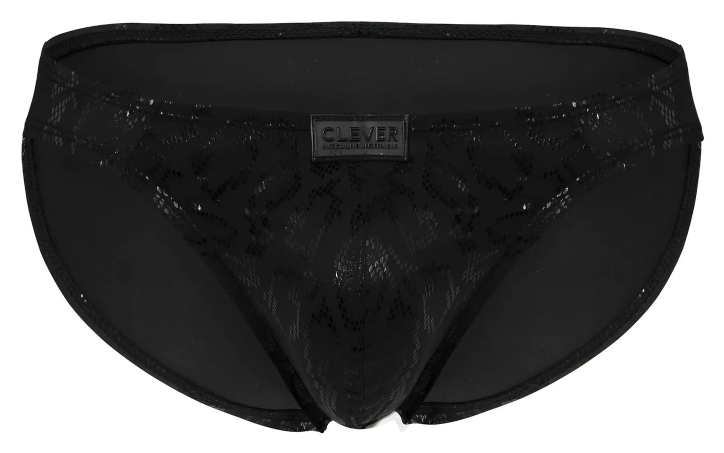 Black clever 2040 luxe briefs for men featuring lace trim subtle pattern and branded label in black color