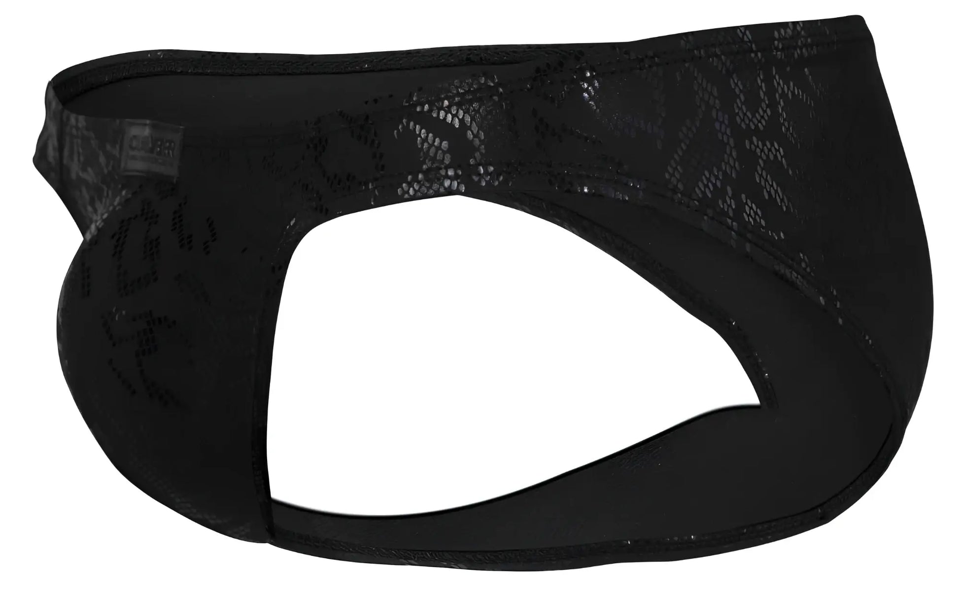 Black clever 2040 luxe briefs featuring lace trim and subtle snakeskin pattern with elastic waistband