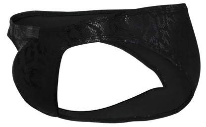 Black clever 2040 luxe briefs featuring lace trim and subtle snakeskin pattern with elastic waistband