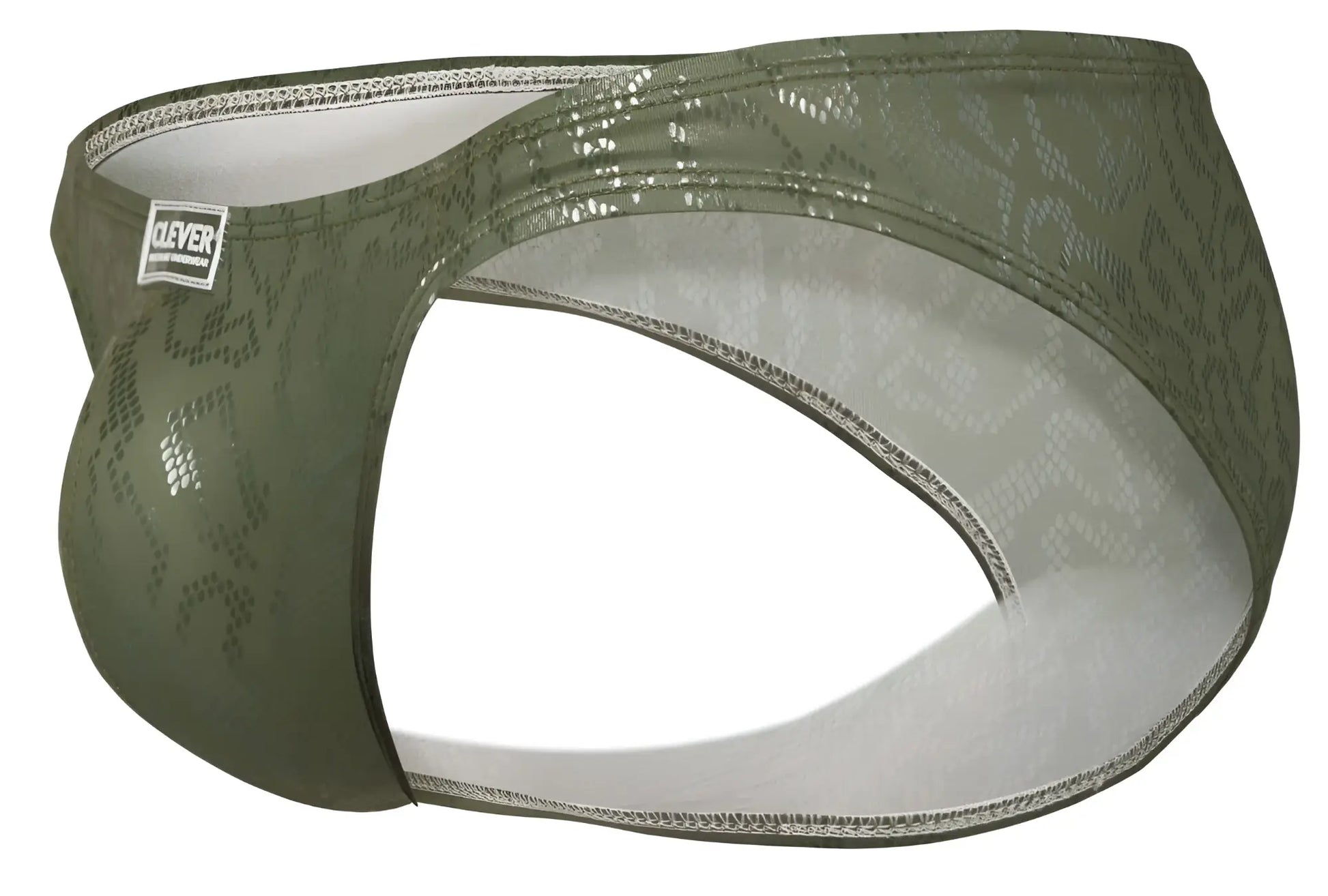 Olive green clever 2040 luxe briefs for men with patterned texture and white interior lining