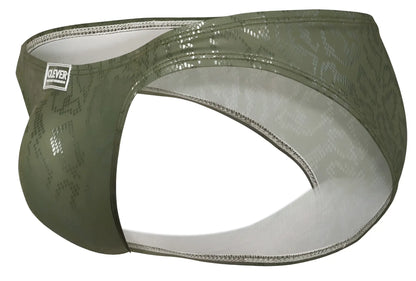 Olive green clever 2040 luxe briefs for men with patterned texture and white interior lining