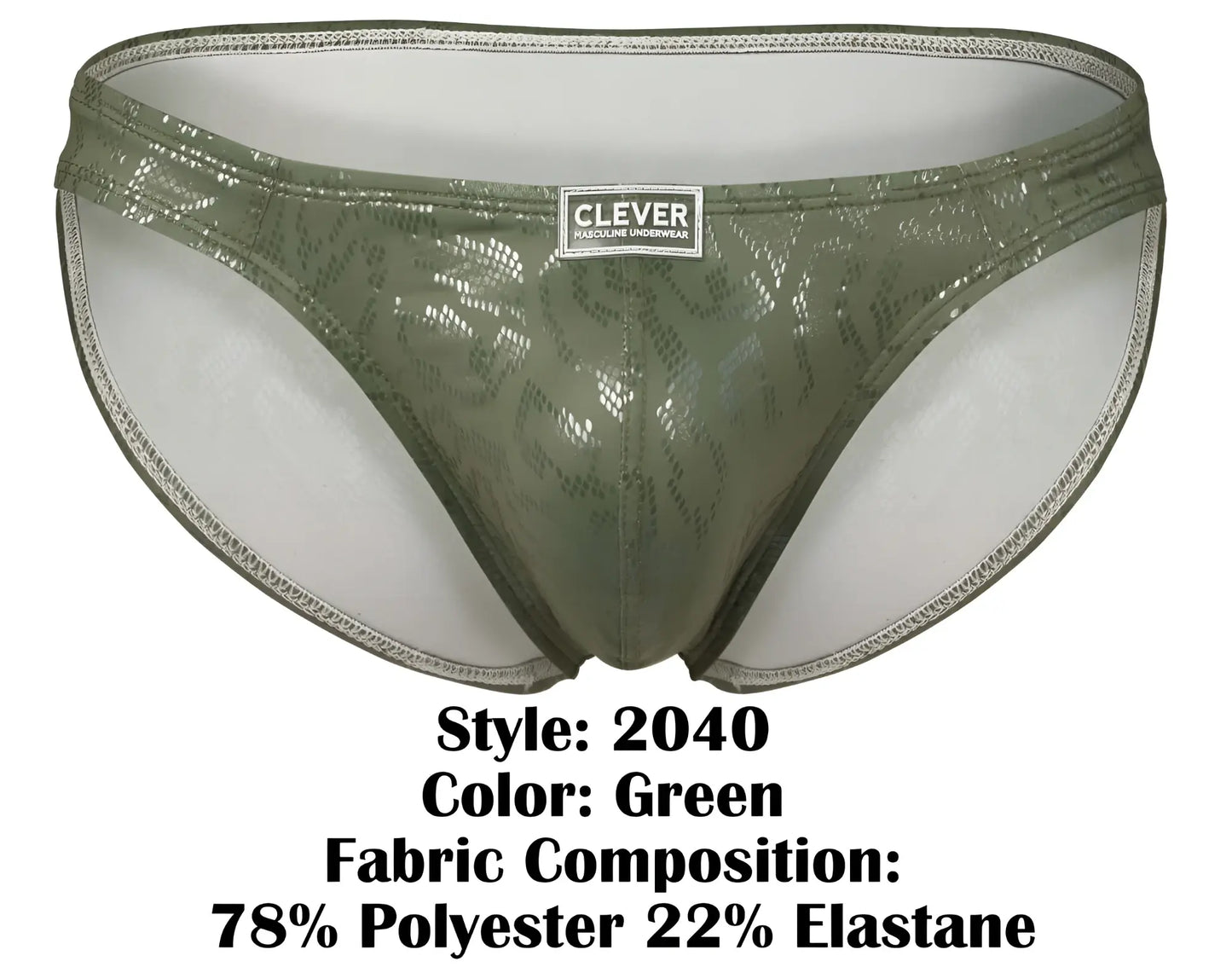 Olive green shiny lace trimmed men’s briefs with clever brand label from clever 2040 luxe briefs collection