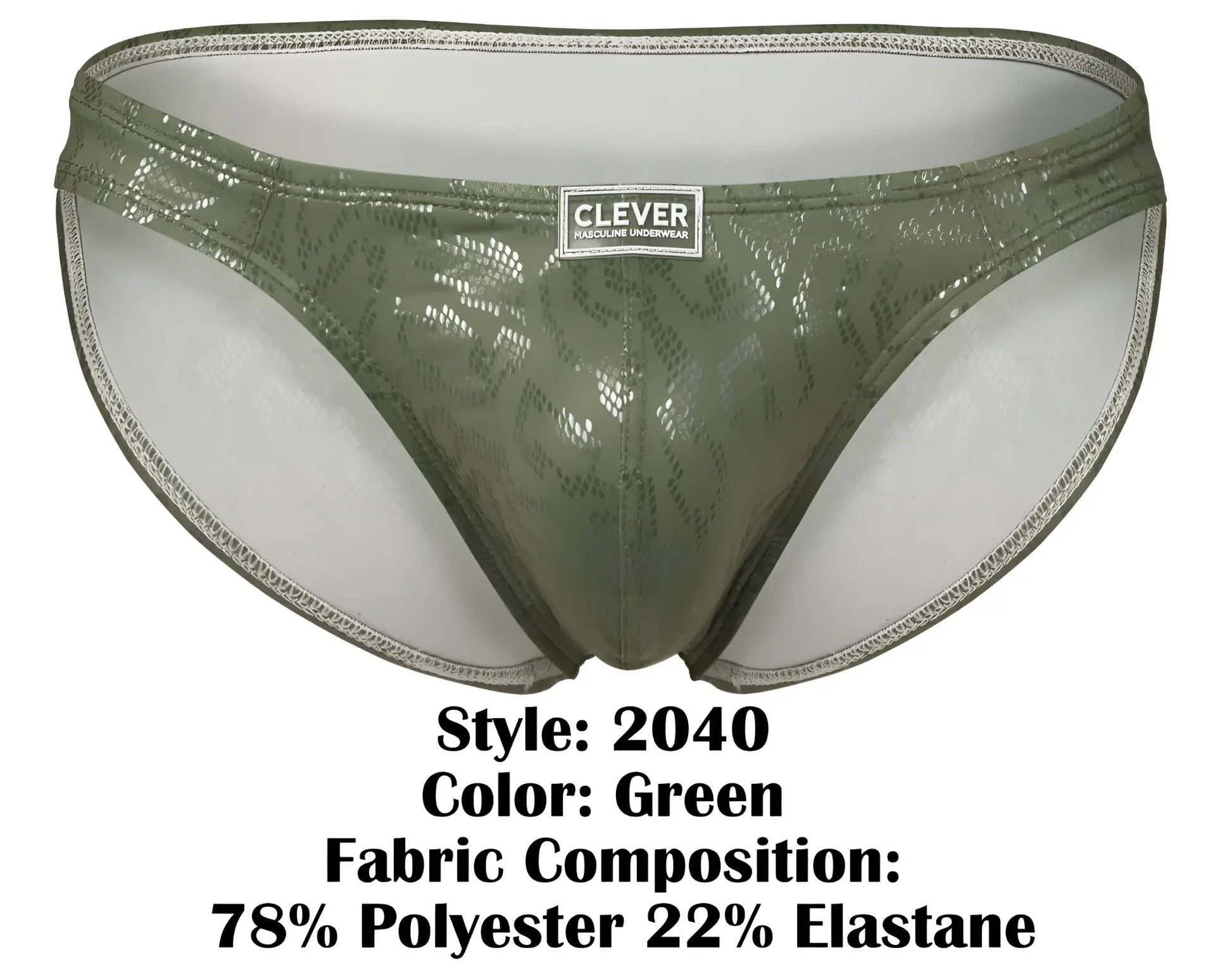 Olive green shiny lace trimmed men’s briefs with clever brand label from clever 2040 luxe briefs collection