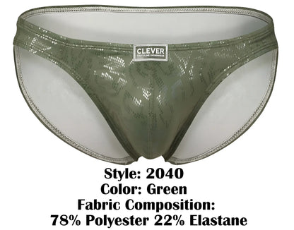 Olive green shiny lace trimmed men’s briefs with clever brand label from clever 2040 luxe briefs collection