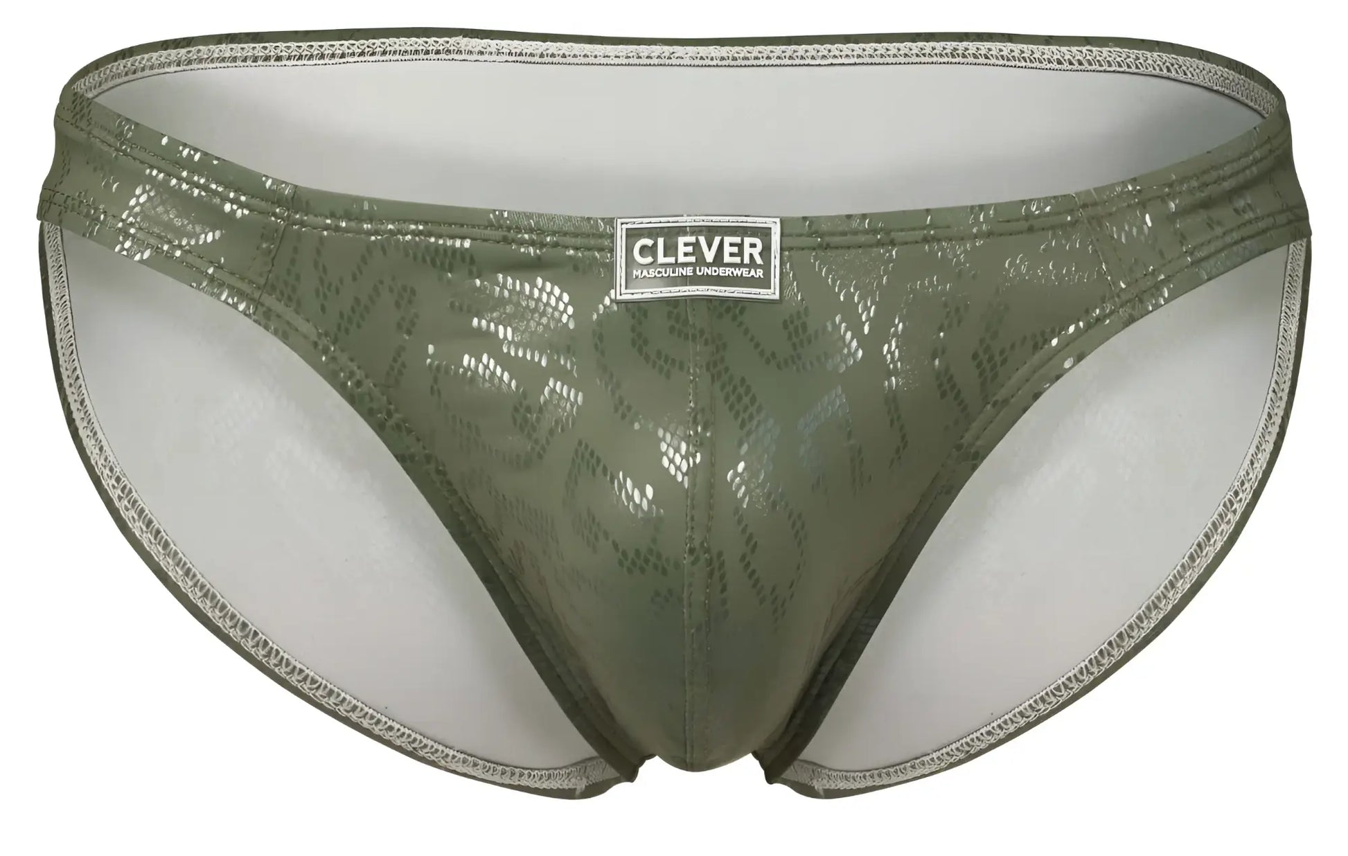 Olive green shiny snake-patterned men’s briefs with white Clever brand label from Clever 2040 Luxe Briefs collection