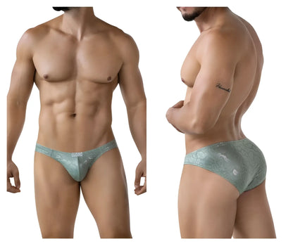 A sleek light teal clever 2040 luxe brief with lace trim and shimmering pattern in green color with brand tag