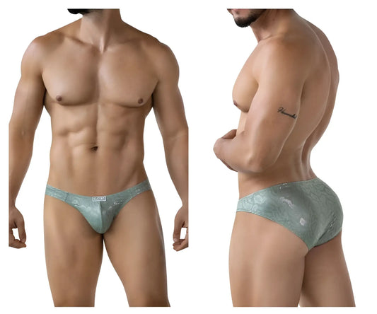 A sleek light teal clever 2040 luxe brief with lace trim and shimmering pattern in green color with brand tag