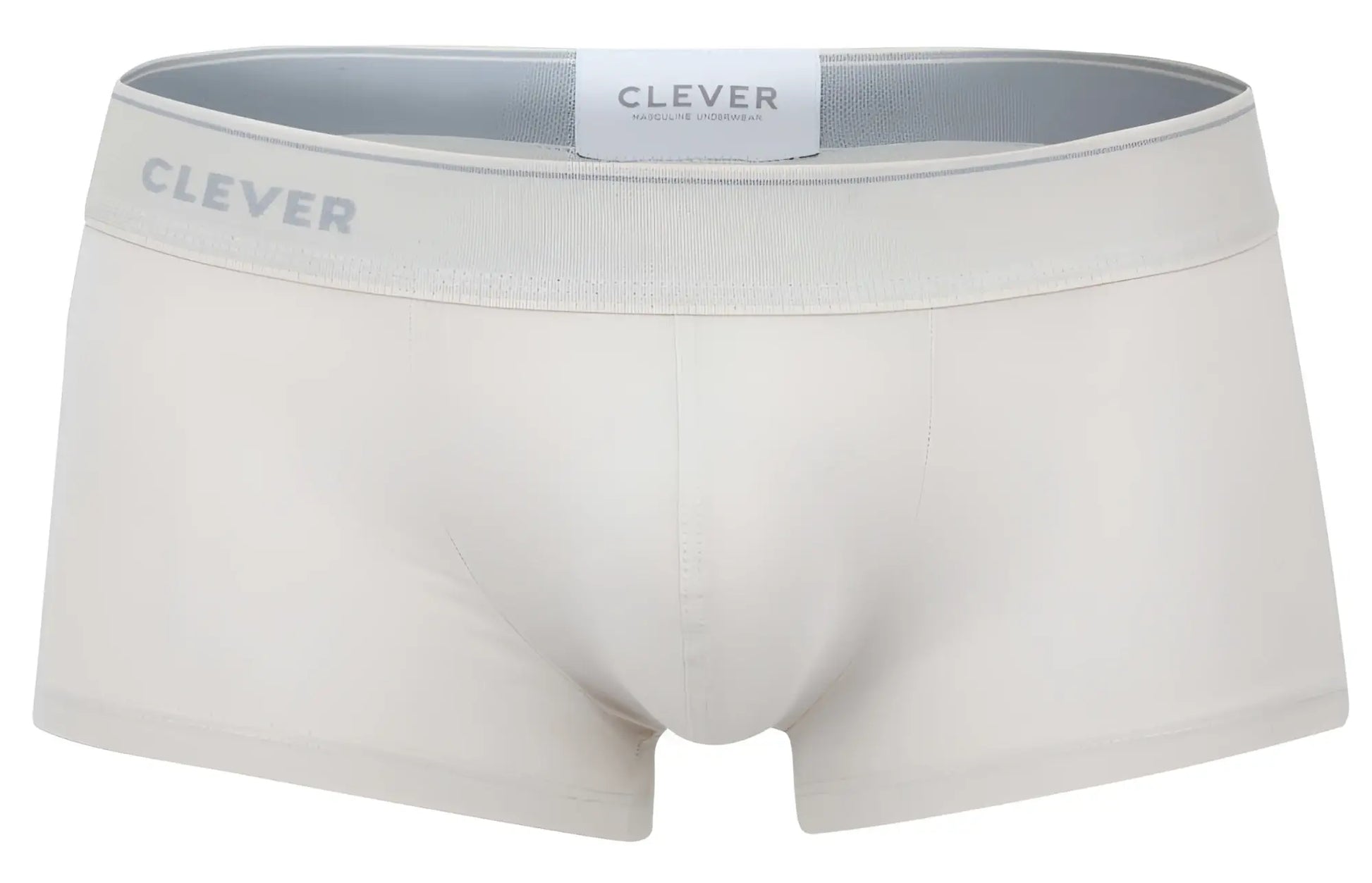 Cream-colored clever 2042 mendoza trunks boxer briefs with gray elastic waistband and subtle clever branding