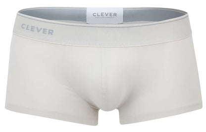 Cream-colored clever 2042 mendoza trunks boxer briefs with gray elastic waistband and subtle clever branding