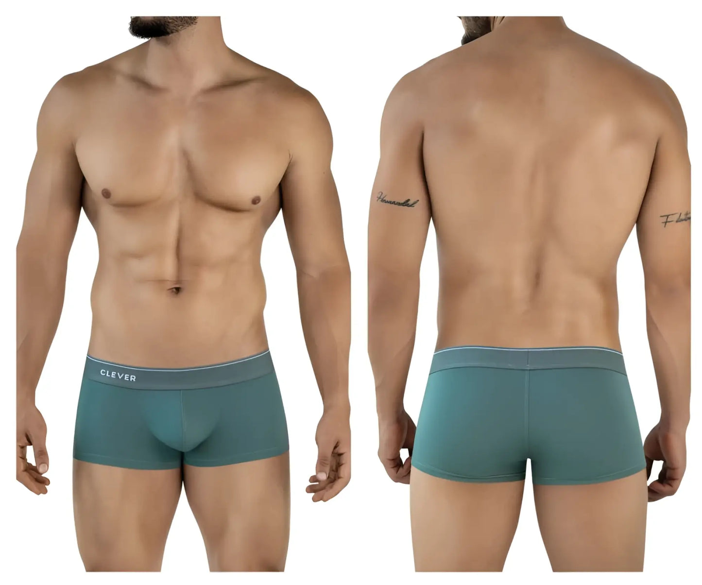 Teal clever 2042 mendoza trunks boxer briefs with white waistband and black brand name lettering in green color