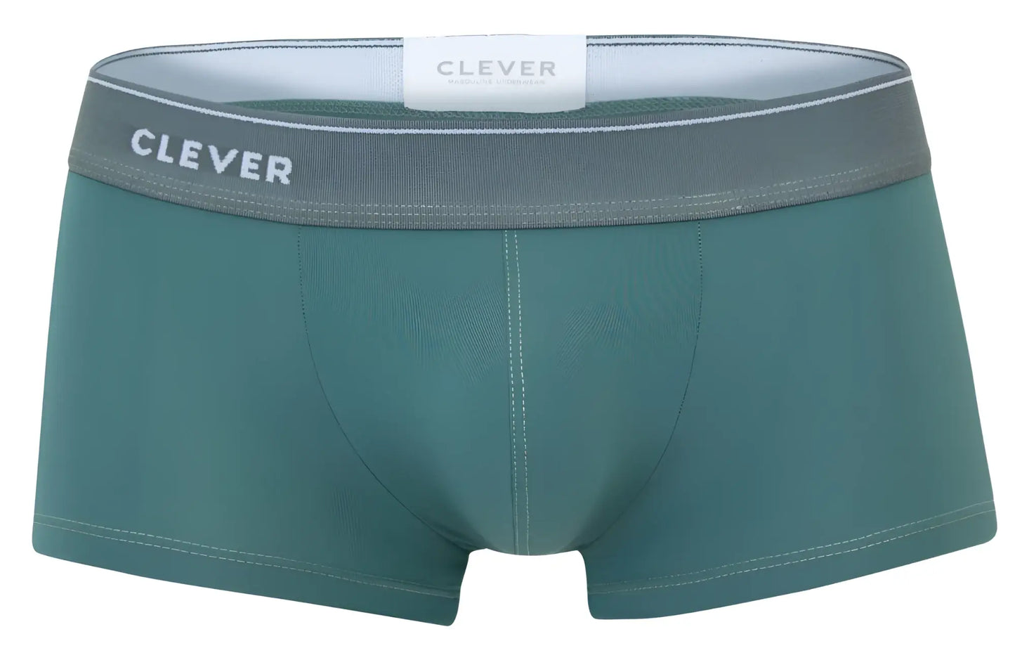 Teal clever 2042 mendoza trunks with gray waistband featuring clever brand name in white lettering for men