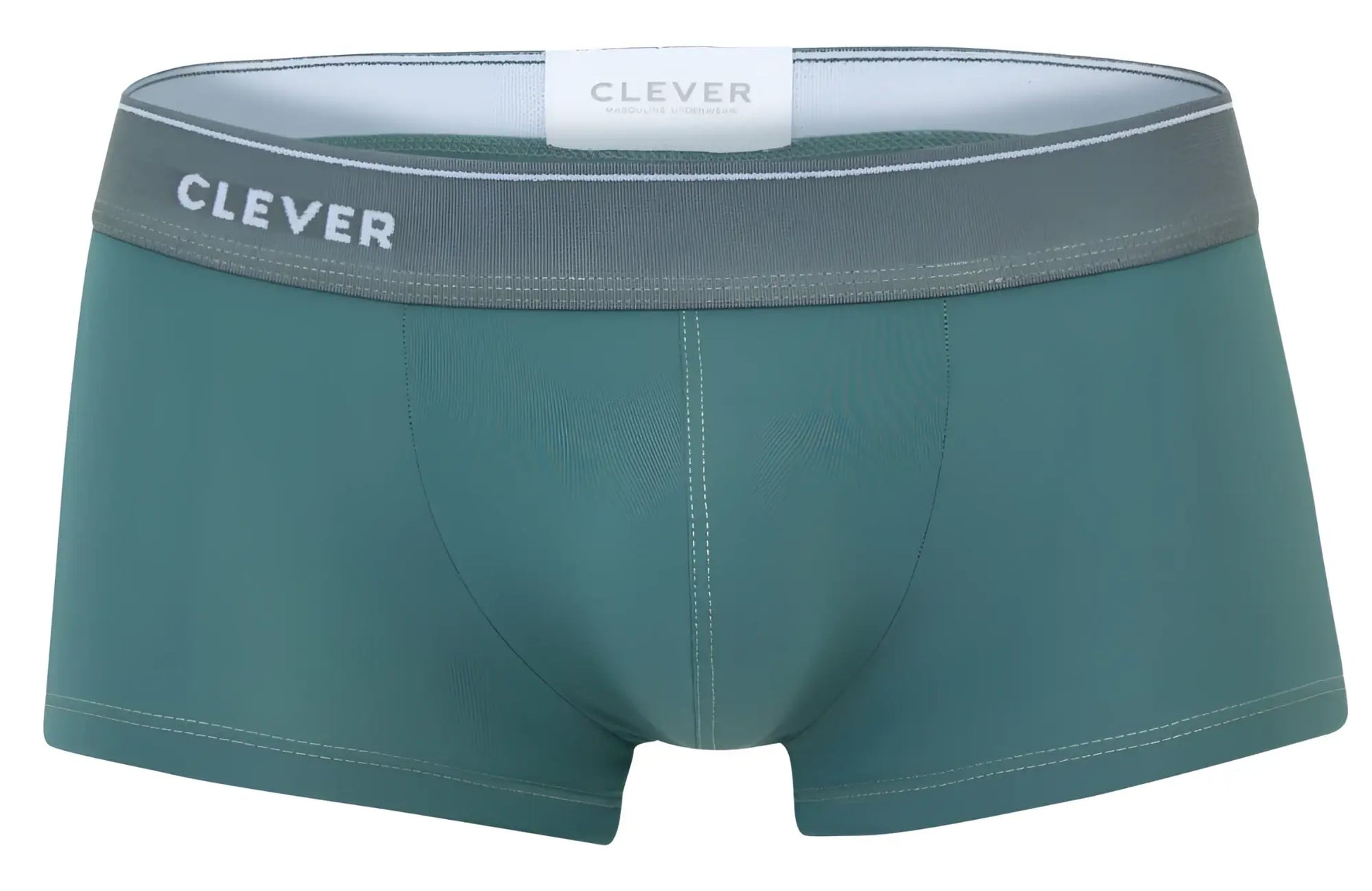 Teal clever 2042 mendoza trunks with gray waistband featuring clever brand name in white lettering for men