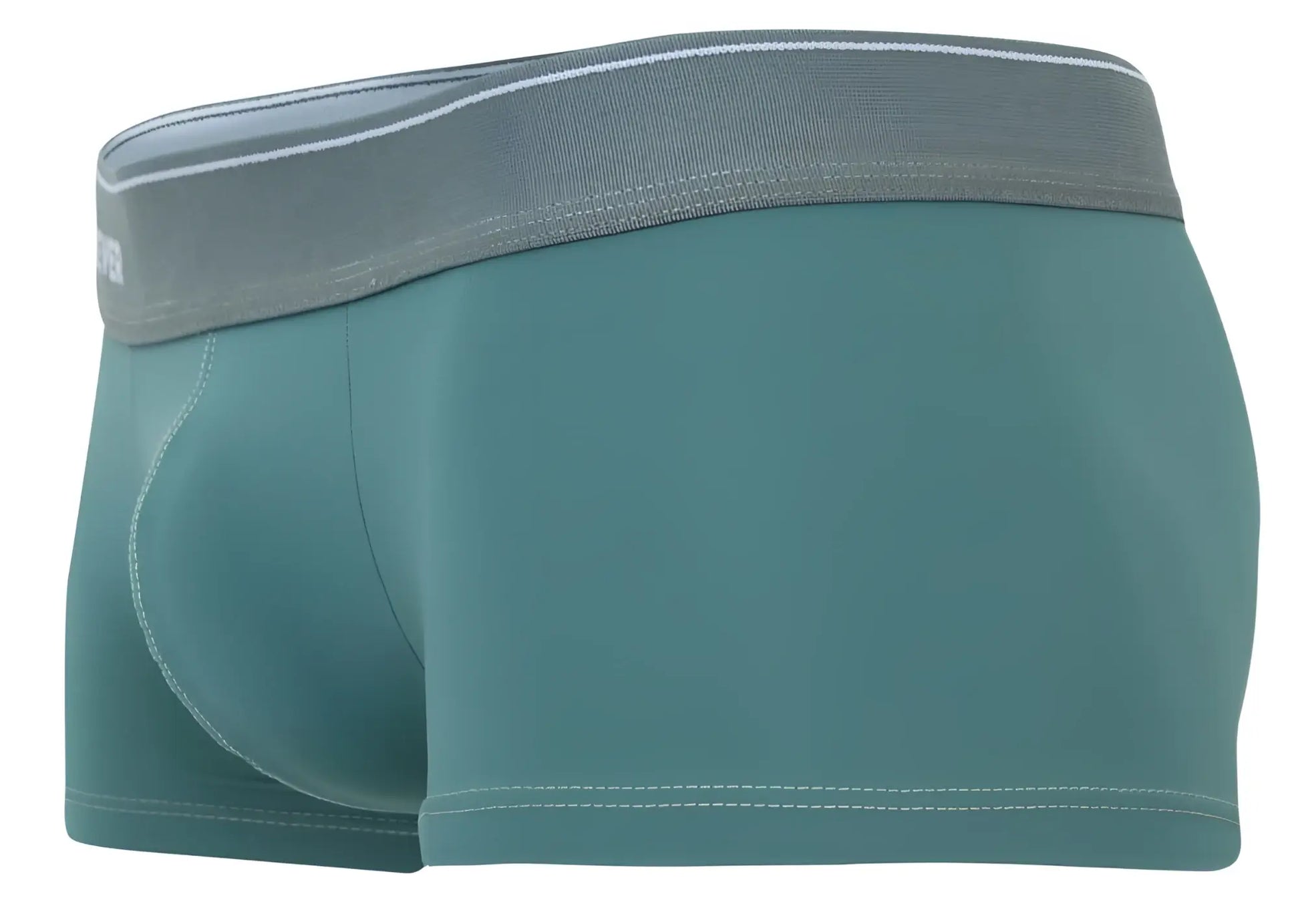 Teal men’s briefs with gray waistband white stitching and subtle branding from clever 2042 mendoza trunks green