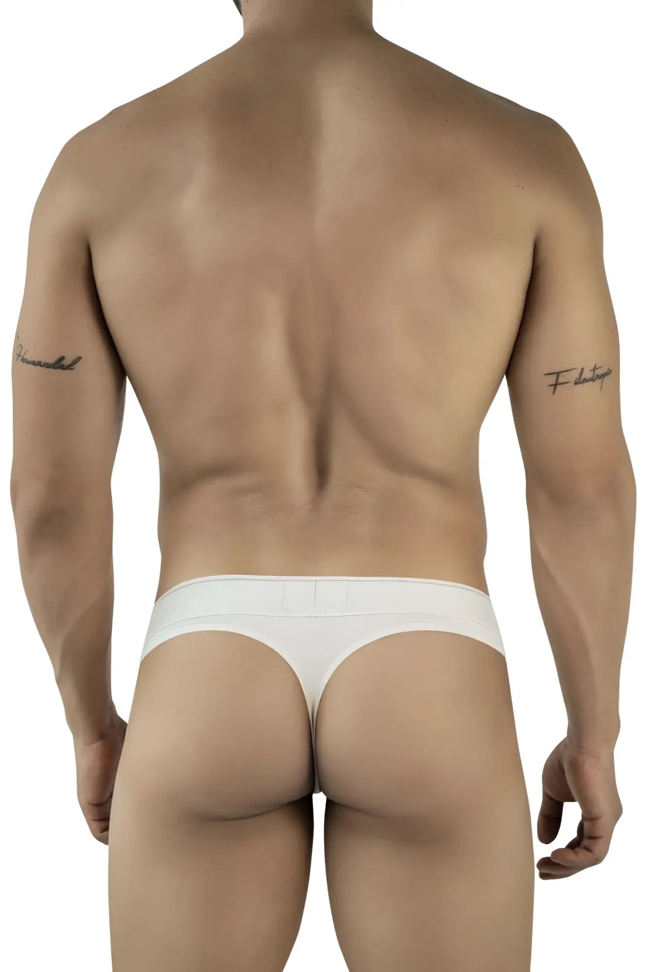 Beige clever 2044 mendoza thong underwear with a smooth seamless design shown from the back side